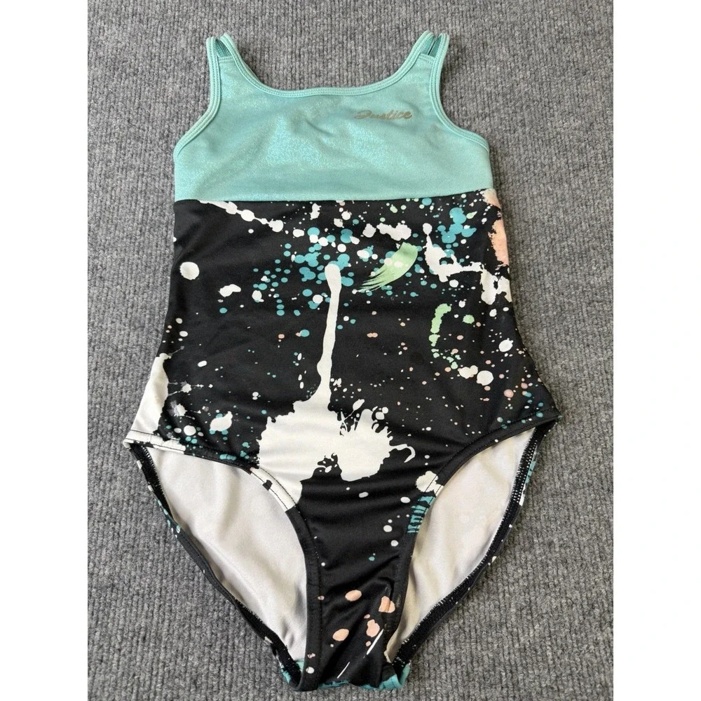 Justice‎ Girls One Piece Swimsuit S 7/8 Black Multi Paint Splash